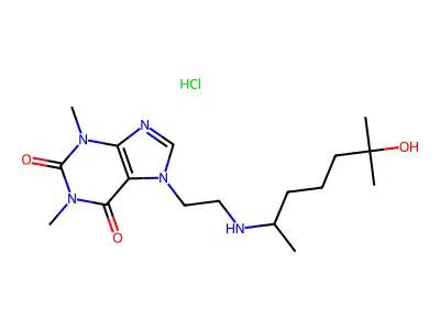 Theophylline, 7-(2-(1,5-dimethyl-5-hydroxyhexylamino)ethyl)-, monohydrochloride structure