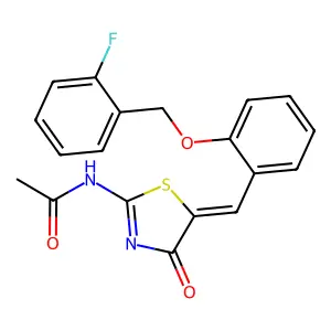 N-[(5Z)-5-[[2-[(2-fluorophenyl)methoxy]phenyl]methylidene]-4-oxo-1,3-thiazol-2-yl]acetamide structure
