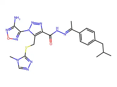 1-(4-amino-1,2,5-oxadiazol-3-yl)-N-[1-[4-(2-methylpropyl)phenyl]ethylideneamino]-5-[(4-methyl-1,2,4-triazol-3-yl)sulfanylmethyl]triazole-4-carboxamide structure