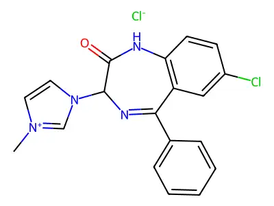1H-Imidazolium, 3-(7-chloro-2,3-dihydro-2-oxo-5-phenyl-1H-1,4-benzodiazepin-3-yl)-1-methyl-, chloride structure