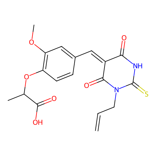 2-(4-{(Z)-[4,6-dioxo-1-(prop-2-en-1-yl)-2-thioxotetrahydropyrimidin-5(2H)-ylidene]methyl}-2-methoxyphenoxy)propanoic acid structure