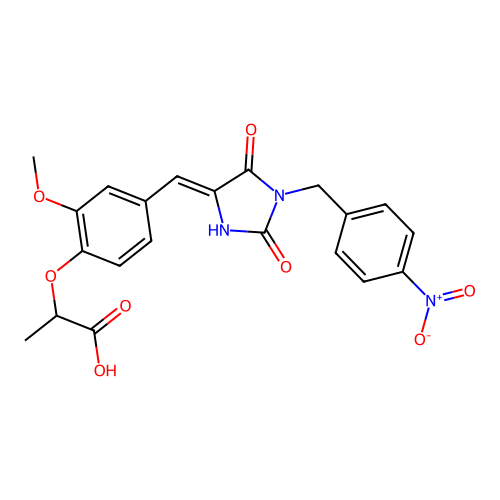 2-(2-methoxy-4-{(Z)-[1-(4-nitrobenzyl)-2,5-dioxoimidazolidin-4-ylidene]methyl}phenoxy)propanoic acid structure