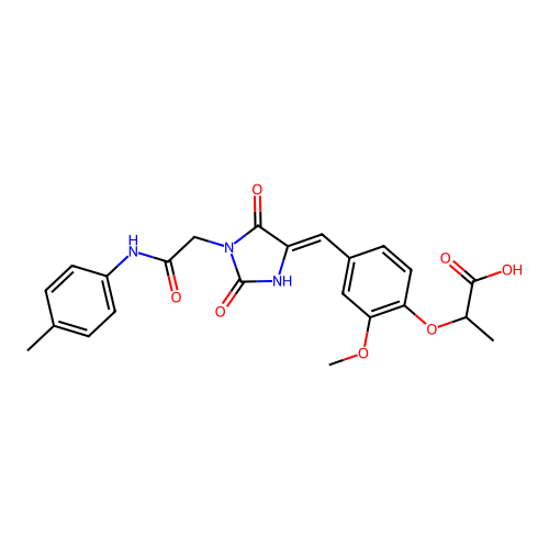 2-{2-methoxy-4-[(Z)-(1-{2-[(4-methylphenyl)amino]-2-oxoethyl}-2,5-dioxoimidazolidin-4-ylidene)methyl]phenoxy}propanoic acid structure