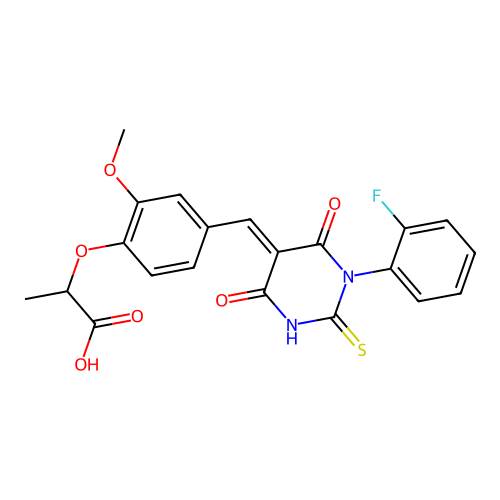2-(4-{(E)-[1-(2-fluorophenyl)-4,6-dioxo-2-thioxotetrahydropyrimidin-5(2H)-ylidene]methyl}-2-methoxyphenoxy)propanoic acid structure