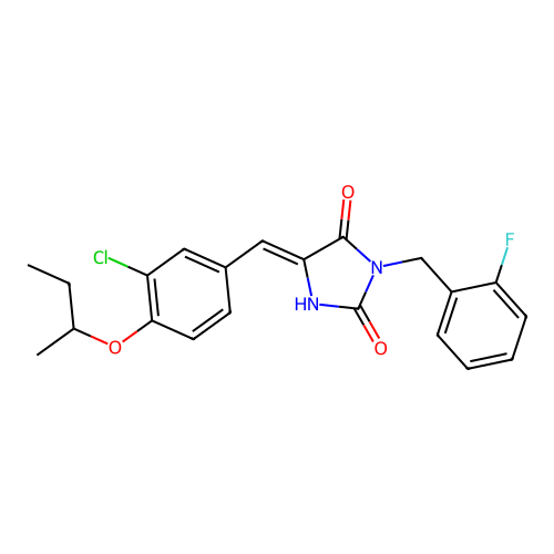 (5Z)-5-[4-(butan-2-yloxy)-3-chlorobenzylidene]-3-(2-fluorobenzyl)imidazolidine-2,4-dione structure