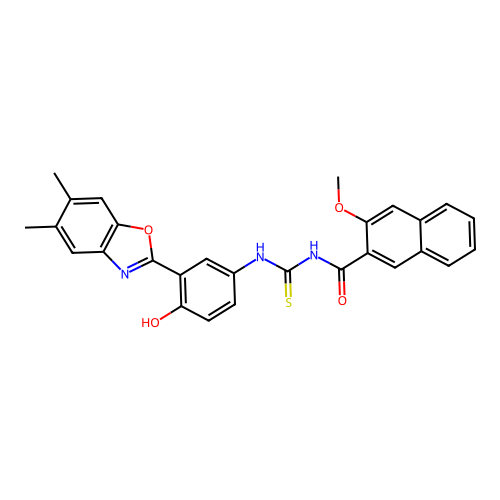 N-((3-(5,6-dimethylbenzo[d]oxazol-2-yl)-4-hydroxyphenyl)carbamothioyl)-3-methoxy-2-naphthamide structure