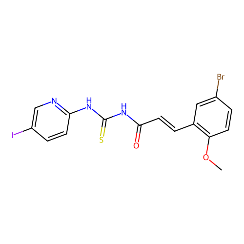 (2E)-3-(5-bromo-2-methoxyphenyl)-N-[(5-iodopyridin-2-yl)carbamothioyl]prop-2-enamide structure