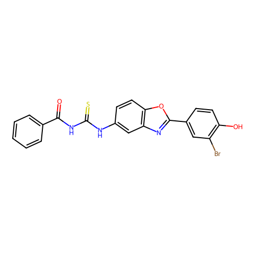 N-[[2-(3-bromo-4-hydroxyphenyl)-1,3-benzoxazol-5-yl]carbamothioyl]benzamide structure