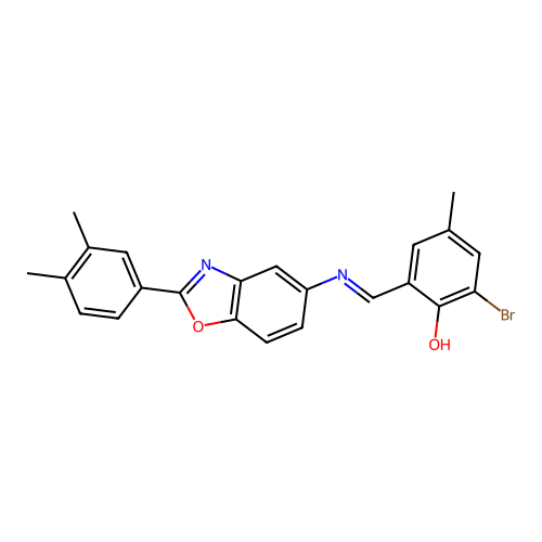 (E)-2-bromo-6-(((2-(3,4-dimethylphenyl)benzo[d]oxazol-5-yl)imino)methyl)-4-methylphenol structure