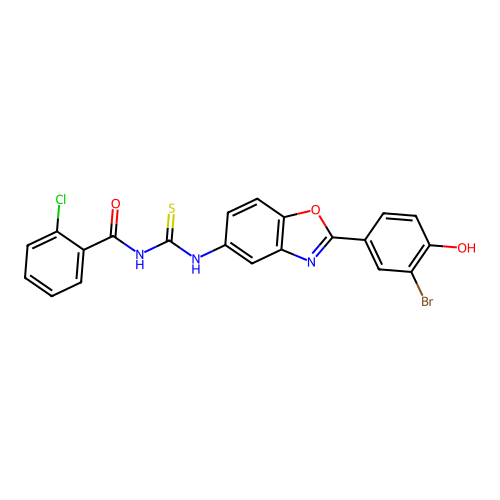 N-{[2-(3-bromo-4-hydroxyphenyl)-1,3-benzoxazol-5-yl]carbamothioyl}-2-chlorobenzamide structure