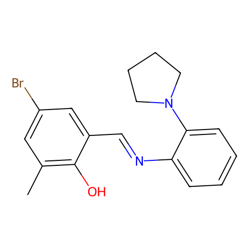 4-bromo-2-methyl-6-[(E)-{[2-(pyrrolidin-1-yl)phenyl]imino}methyl]phenol structure