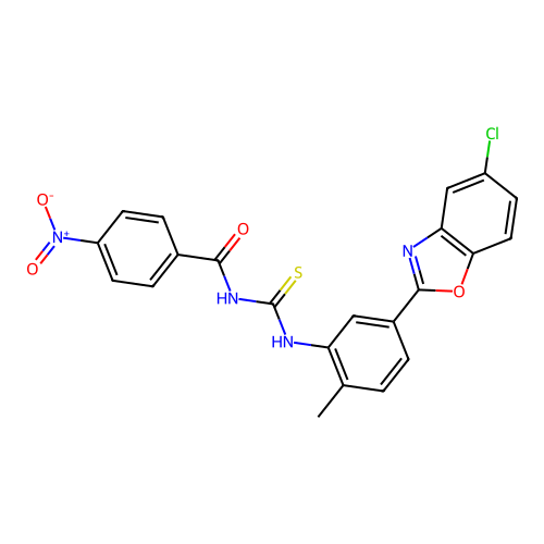 N-((5-(5-chlorobenzo[d]oxazol-2-yl)-2-methylphenyl)carbamothioyl)-4-nitrobenzamide structure