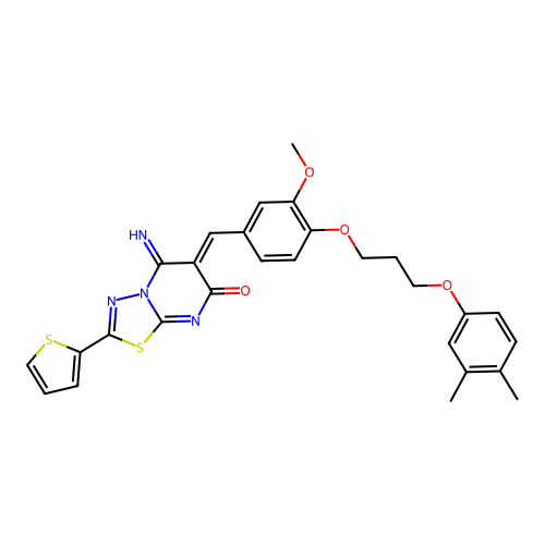 (6Z)-6-[[4-[3-(3,4-dimethylphenoxy)propoxy]-3-methoxyphenyl]methylidene]-5-imino-2-thiophen-2-yl-[1,3,4]thiadiazolo[3,2-a]pyrimidin-7-one structure