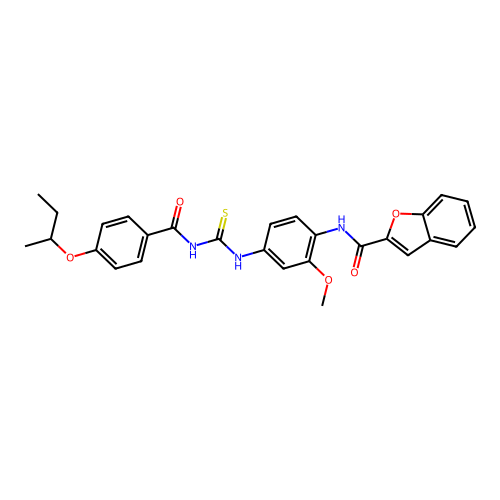 N-(4-(3-(4-(sec-butoxy)benzoyl)thioureido)-2-methoxyphenyl)benzofuran-2-carboxamide structure
