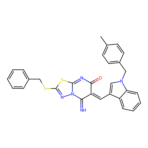(6Z)-2-(benzylsulfanyl)-5-imino-6-{[1-(4-methylbenzyl)-1H-indol-3-yl]methylidene}-5,6-dihydro-7H-[1,3,4]thiadiazolo[3,2-a]pyrimidin-7-one structure