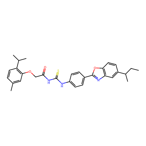 N-((4-(5-(sec-butyl)benzo[d]oxazol-2-yl)phenyl)carbamothioyl)-2-(2-isopropyl-5-methylphenoxy)acetamide structure