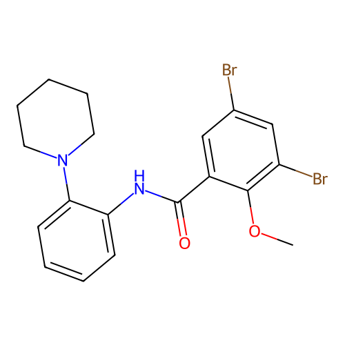 3,5-dibromo-2-methoxy-N-(2-(piperidin-1-yl)phenyl)benzamide structure