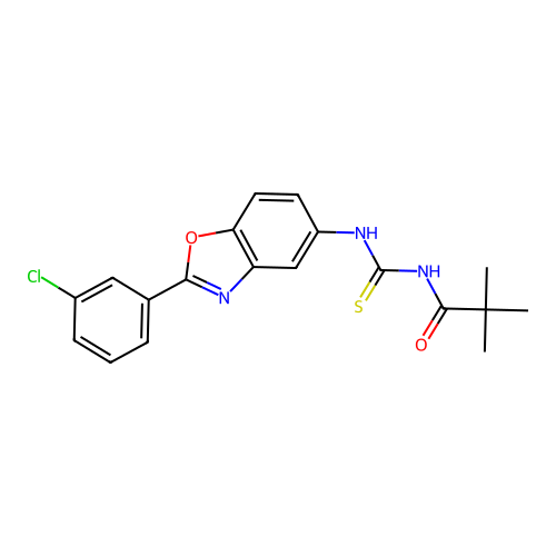 N-((2-(3-chlorophenyl)benzo[d]oxazol-5-yl)carbamothioyl)pivalamide structure