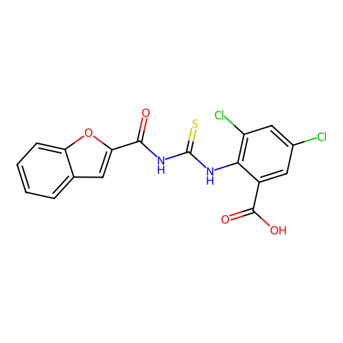 2-[[[(2-Benzofuranylcarbonyl)amino]thioxomethyl]amino]-3,5-dichloro-benzoic acid structure