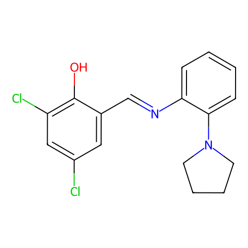 2,4-dichloro-6-[(E)-{[2-(pyrrolidin-1-yl)phenyl]imino}methyl]phenol structure