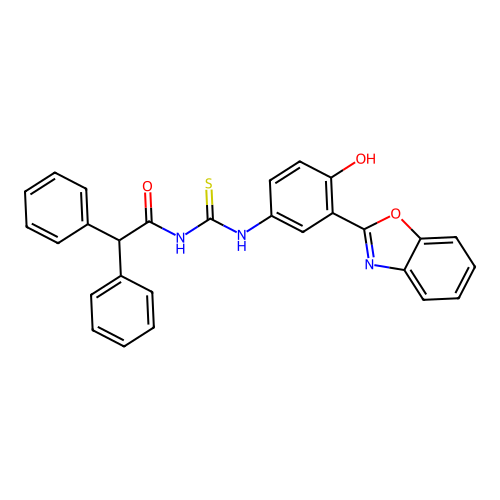 N-{[3-(1,3-benzoxazol-2-yl)-4-hydroxyphenyl]carbamothioyl}-2,2-diphenylacetamide structure