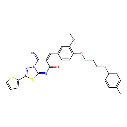 (6Z)-5-imino-6-[[3-methoxy-4-[3-(4-methylphenoxy)propoxy]phenyl]methylidene]-2-thiophen-2-yl-[1,3,4]thiadiazolo[3,2-a]pyrimidin-7-one structure