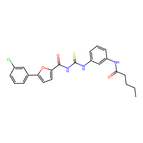 5-(3-chlorophenyl)-N-((3-pentanamidophenyl)carbamothioyl)furan-2-carboxamide structure