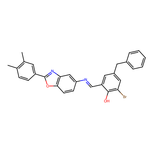 (E)-4-benzyl-2-bromo-6-(((2-(3,4-dimethylphenyl)benzo[d]oxazol-5-yl)imino)methyl)phenol structure