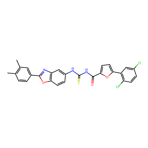 5-(2,5-dichlorophenyl)-N-((2-(3,4-dimethylphenyl)benzo[d]oxazol-5-yl)carbamothioyl)furan-2-carboxamide structure