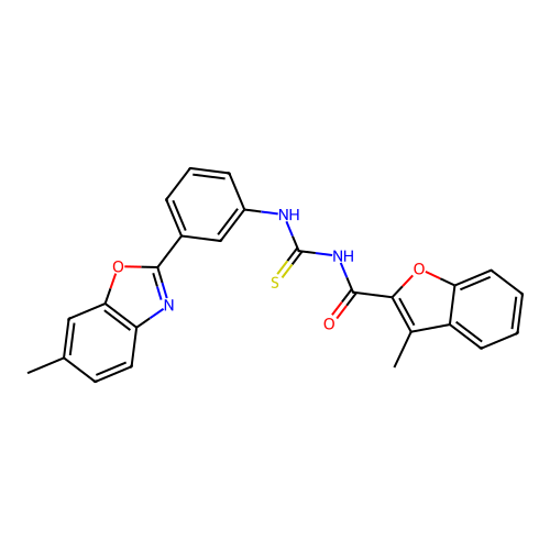 3-methyl-N-((3-(6-methylbenzo[d]oxazol-2-yl)phenyl)carbamothioyl)benzofuran-2-carboxamide structure