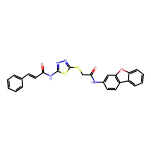 (2E)-N-(5-{[2-(dibenzo[b,d]furan-3-ylamino)-2-oxoethyl]sulfanyl}-1,3,4-thiadiazol-2-yl)-3-phenylprop-2-enamide structure