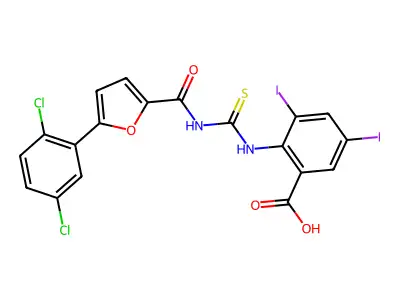 2-[[5-(2,5-dichlorophenyl)furan-2-carbonyl]carbamothioylamino]-3,5-diiodobenzoic acid structure