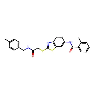 2-methyl-N-[2-({2-[(4-methylbenzyl)amino]-2-oxoethyl}sulfanyl)-1,3-benzothiazol-6-yl]benzamide structure