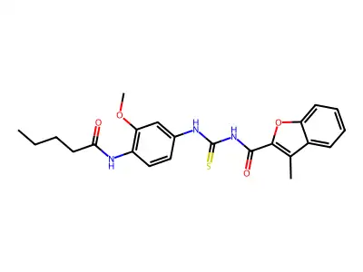 N-[[3-methoxy-4-(pentanoylamino)phenyl]carbamothioyl]-3-methyl-1-benzofuran-2-carboxamide structure