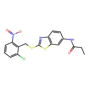 N-[2-[(2-chloro-6-nitrophenyl)methylsulfanyl]-1,3-benzothiazol-6-yl]propanamide structure