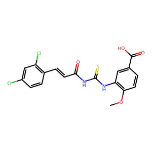(E)-3-(3-(3-(2,4-dichlorophenyl)acryloyl)thioureido)-4-methoxybenzoic acid structure