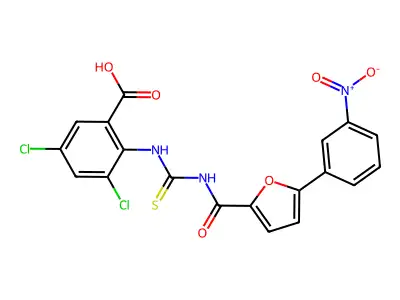 3,5-dichloro-2-[[5-(3-nitrophenyl)furan-2-carbonyl]carbamothioylamino]benzoic acid structure