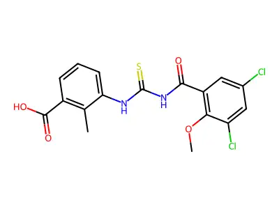 3-[(3,5-Dichloro-2-methoxybenzoyl)carbamothioylamino]-2-methylbenzoic acid structure