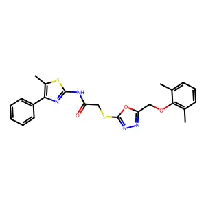 2-({5-[(2,6-dimethylphenoxy)methyl]-1,3,4-oxadiazol-2-yl}sulfanyl)-N-(5-methyl-4-phenyl-1,3-thiazol-2-yl)acetamide structure