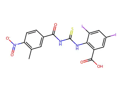 3,5-Diiodo-2-[(3-methyl-4-nitrobenzoyl)carbamothioylamino]benzoic acid structure