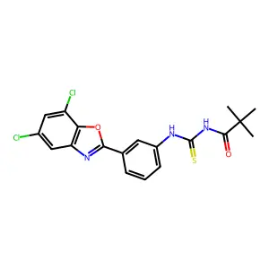 N-[[3-(5,7-dichloro-1,3-benzoxazol-2-yl)phenyl]carbamothioyl]-2,2-dimethylpropanamide structure