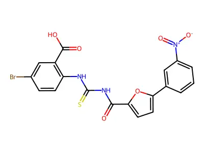5-bromo-2-[[5-(3-nitrophenyl)furan-2-carbonyl]carbamothioylamino]benzoic acid structure