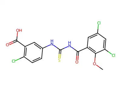 2-chloro-5-[(3,5-dichloro-2-methoxybenzoyl)carbamothioylamino]benzoic acid structure