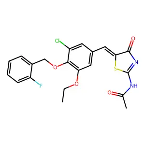 N-[(5Z)-5-[[3-chloro-5-ethoxy-4-[(2-fluorophenyl)methoxy]phenyl]methylidene]-4-oxo-1,3-thiazol-2-yl]acetamide structure