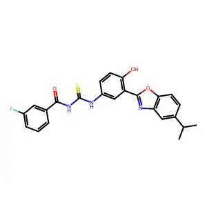 3-fluoro-N-((4-hydroxy-3-(5-isopropylbenzo[d]oxazol-2-yl)phenyl)carbamothioyl)benzamide structure