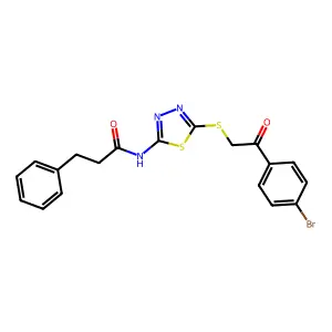 N-[5-[2-(4-bromophenyl)-2-oxoethyl]sulfanyl-1,3,4-thiadiazol-2-yl]-3-phenylpropanamide structure