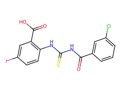 2-[[[(3-Chlorobenzoyl)amino]thioxomethyl]amino]-5-iodo-benzoic acid structure