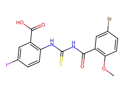 2-[[[(5-Bromo-2-methoxybenzoyl)amino]thioxomethyl]amino]-5-iodo-benzoic acid structure