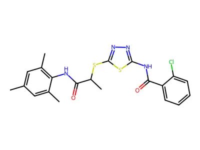 2-chloro-N-[5-({1-oxo-1-[(2,4,6-trimethylphenyl)amino]propan-2-yl}sulfanyl)-1,3,4-thiadiazol-2-yl]benzamide structure