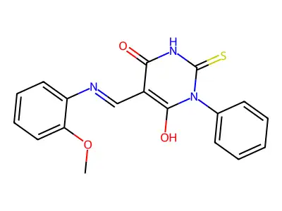 5-{[(2-methoxyphenyl)amino]methylene}-1-phenyl-2-thioxodihydro-4,6(1H,5H)-pyrimidinedione structure